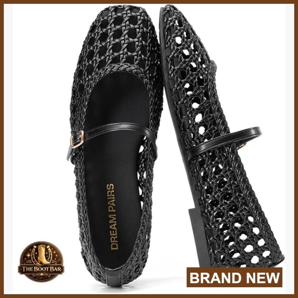 Woven Ballet Flats with Adjustable Buckle Strap, Square Toe, Comfortable for